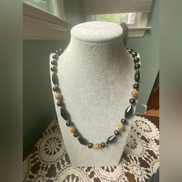 Liz Claiborne Jewelry - Vintage Liz Claiborne  Black & Gold Beaded Statement Necklace